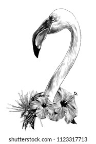 bird head Flamingo with long neck sideways in profile with a wreath of tropical flowers in the form of decoration, sketch vector graphics monochrome illustration on white background