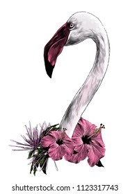 bird head Flamingo with long neck sideways in profile with a wreath of tropical flowers in the form of decoration, sketch vector graphics color illustration on white background
