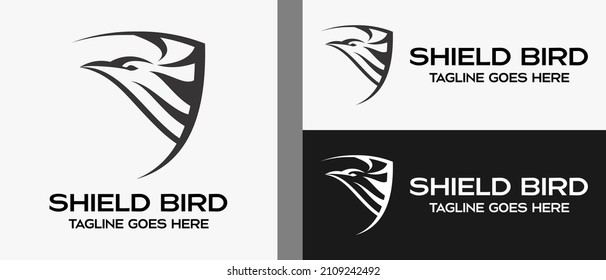 bird head logo design template in shield with black and white creative concept. premium vector logo illustration