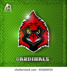 Bird head on green background. Logo for any sport team cardinals