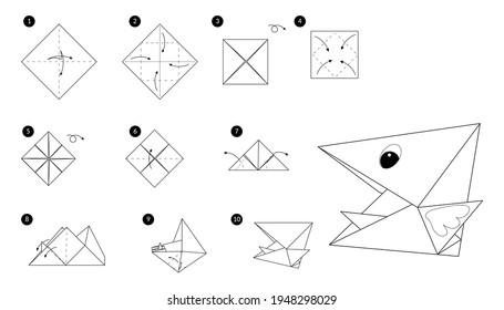 Bird head origami line monochrome instruction step by step. Illustration how to make chick beak from paper.