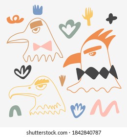 Bird head set with flat abstract elements. Good as branding logo for your design