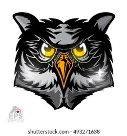 Bird head with shiny eyes isolated on white. Logo for any sport team owls