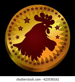 Bird head silhouette vector - illustration of gold coin with Rooster Head on it. Gamecock head icon on gold circle money with decoration of stars border. On black background. Eps 10.
