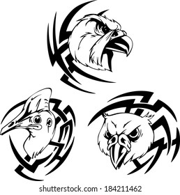 Bird head tattoo. Black and white vector illustrations.
