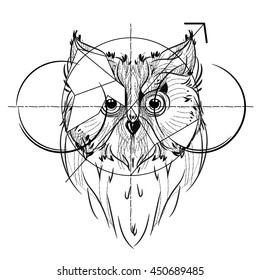 Bird head triangular icon , geometric trendy line design. Vector illustration ready for tattoo or coloring book. Wild eagle owl low-poly sketch hand drawn
