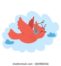 A bird with headphones flies in the sky. Vector graphics.