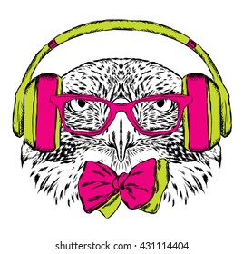 A bird in the headphones and sunglasses. Vector illustration for greeting card, poster, or print on clothes.