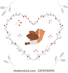 Bird, heart with branch and leaves, bullfinch, valentine card. Christmas postcard flat style