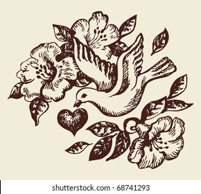 Bird with heart and flowers. Hand-drawn illustration