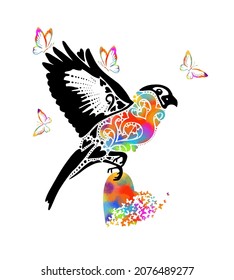 Bird with a heart. Flying bullfinch. Multicolored butterflies. Happy Valentine's Day. Vector illustration