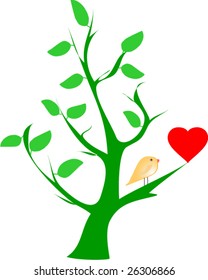 bird and heart on green tree