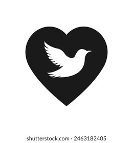 Bird with heart shape. Love and freedom icon flat style isolated on white background. Vector illustration