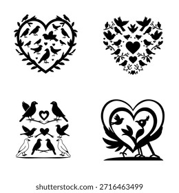 Pássaro Coração Silhueta Vetor Conjunto Amor e Natureza Decorativo Pássaro Ilustrações
