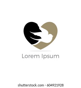 Bird in heart vector design. Loving and caring bird logo.