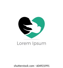 Bird in heart vector design. Loving and caring bird logo.