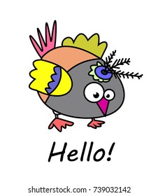 Bird Hello. Greeting Card.Template with bird. Cartoon