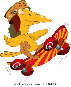 Bird in a helmet going for a drive on skate board