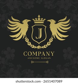 Bird heraldry modern style with a shield and crown logo template Premium Vector