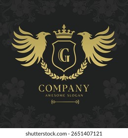 Bird heraldry modern style with a shield and crown logo template Premium Vector