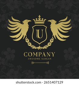 Bird heraldry modern style with a shield and crown logo template Premium Vector