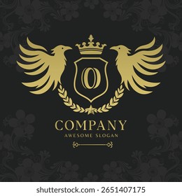 Bird heraldry modern style with a shield and crown logo template Premium Vector