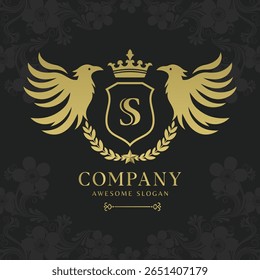 Bird heraldry modern style with a shield and crown logo template Premium Vector