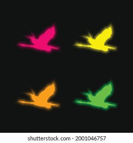 Forma de volar de garza forma de cuatro colores brillante neón vectorial icono