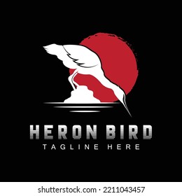 Bird Heron Stork Logo Design, Birds Heron Flying On The River Vector, Product Brand Illustration