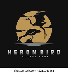 Bird Heron Stork Logo Design, Birds Heron Flying On The River Vector, Product Brand Illustration