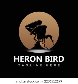 Bird Heron Stork Logo Design, Birds Heron Flying On The River Vector, Product Brand Illustration