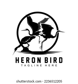 Bird Heron Stork Logo Design, Birds Heron Flying On The River Vector, Product Brand Illustration