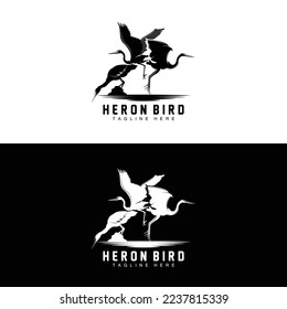Bird Heron Stork Logo Design, Birds Heron Flying On The River Vector, Product Brand Illustration