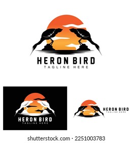 Bird Heron Stork Logo Design, Birds Heron Flying On The River Vector, Product Brand Illustration