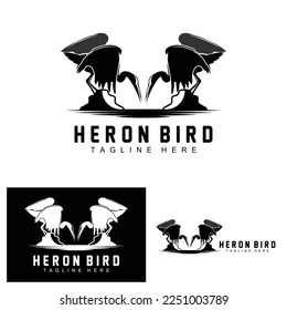 Bird Heron Stork Logo Design, Birds Heron Flying On The River Vector, Product Brand Illustration