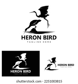 Bird Heron Stork Logo Design, Birds Heron Flying On The River Vector, Product Brand Illustration