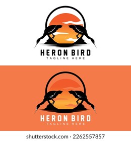 Bird Heron Stork Logo Design, Birds Heron Flying On The River Vector, Product Brand Illustration