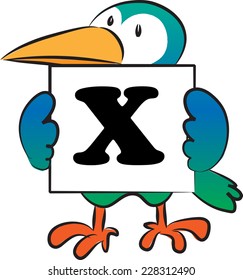 bird holding a card with alphabet letters x