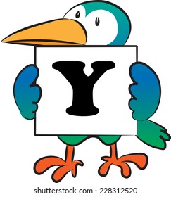 bird holding a card with alphabet letters y