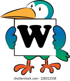 bird holding a card with alphabet letters W