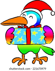 bird holding a Christmas present