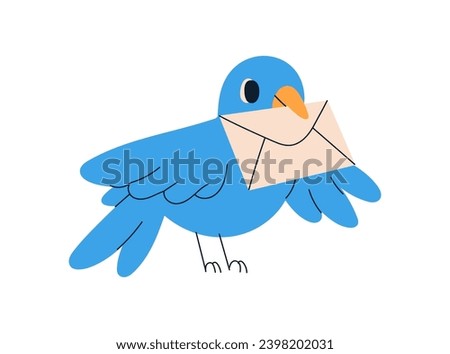 Bird holding envelope, letter. Cute pigeon with paper mail in beak. Post dove from delivery service, bringing information, news, message. Flat vector illustration isolated on white background