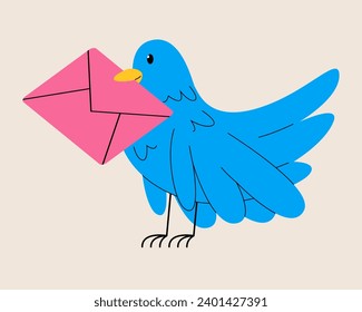 Bird holding envelope. News, message. Colorful vector illustration