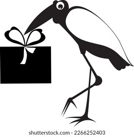 Vogel, der eine Geschenkbox im Schnabel hält.
Storch, der eine Geschenkbox im Schnabel hält. Schwarz auf weißer Illustration
