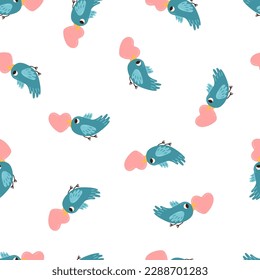 Bird Holding Heart in Its Beak. Valentine Day Celebration. Love Message Vector seamless pattern