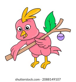 pájaro sosteniendo un palo para un palo de billar, ilustración vectorial art. doodle imagen kawaii.
