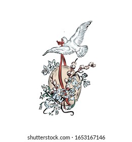 Bird holds egg with bouquet of flowers. 