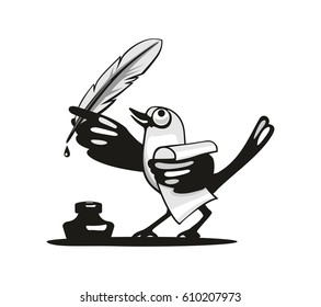 A bird holds a feather in the wing. Vector gray flat illustration. Isolated on white background