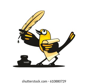 A bird holds a feather in the wing. Vector color flat illustration. Isolated on white background