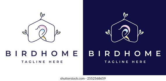 Bird with Home House for Nature Wildlife Label Logo Design Inspiration. House Shape icon on Bird Logo Clean Lines for Nature Wildlife Brand Identity. Bird House Logo Design Vector Illustration